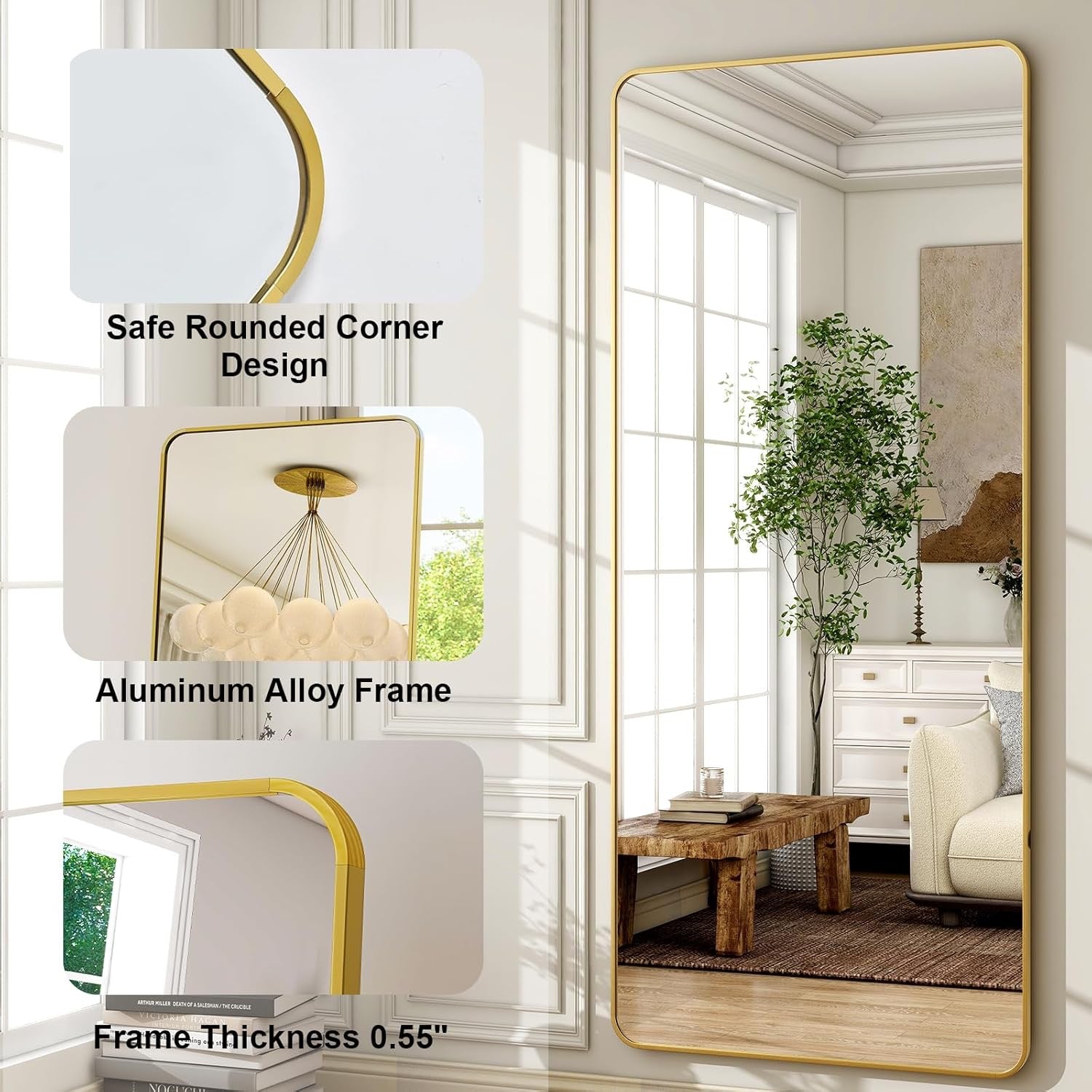 HARRITPURE Full Length Floor Mirror 71" x 32" | Large Gold Aluminum Frame Standing & Wall Mirror