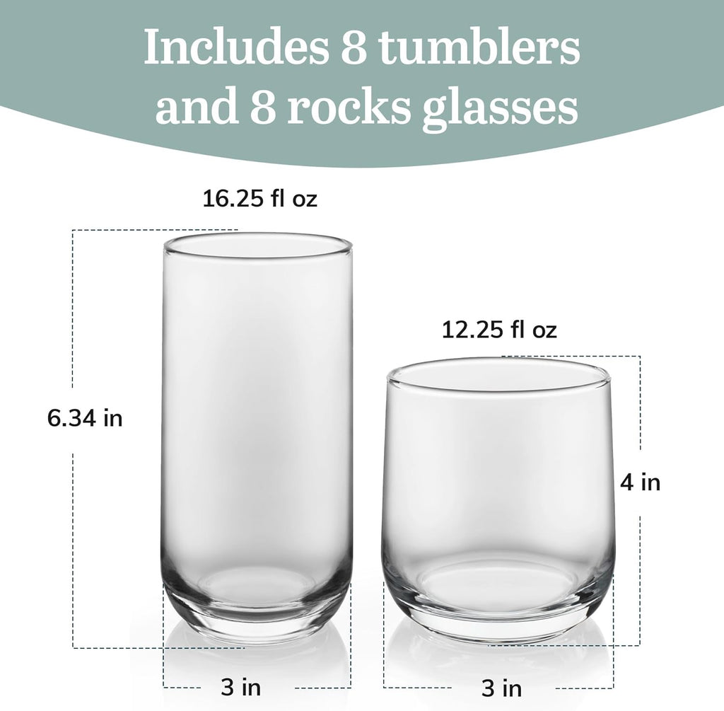 Libbey Ascent 16-Piece Drinking Glass Set | Tumbler & Rocks Glasses with Curved Modern Design (Versatile Everyday Glassware Set)