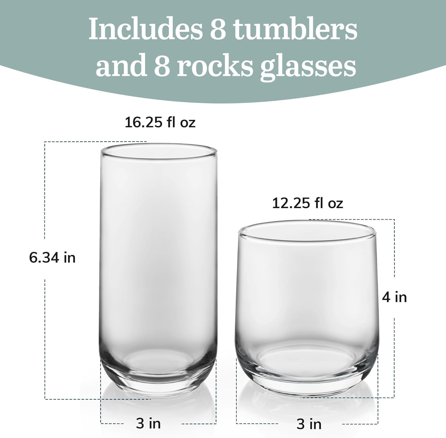 Libbey Ascent 16-Piece Drinking Glass Set | Tumbler & Rocks Glasses with Curved Modern Design (Versatile Everyday Glassware Set)