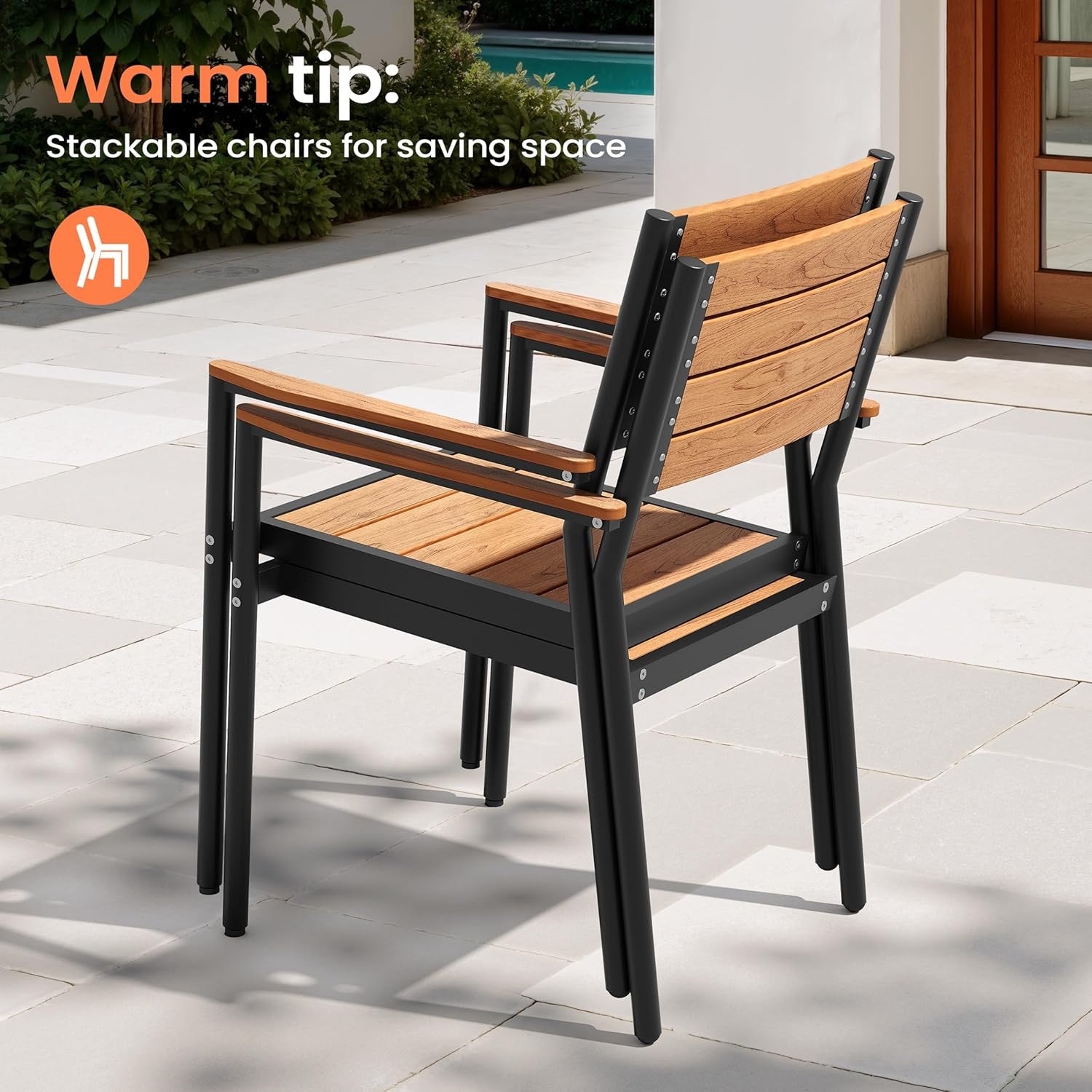 Pellebant 11-Piece Aluminum Patio Dining Set | 94” Outdoor Table with Stackable Chairs & Teak-Grain Finish