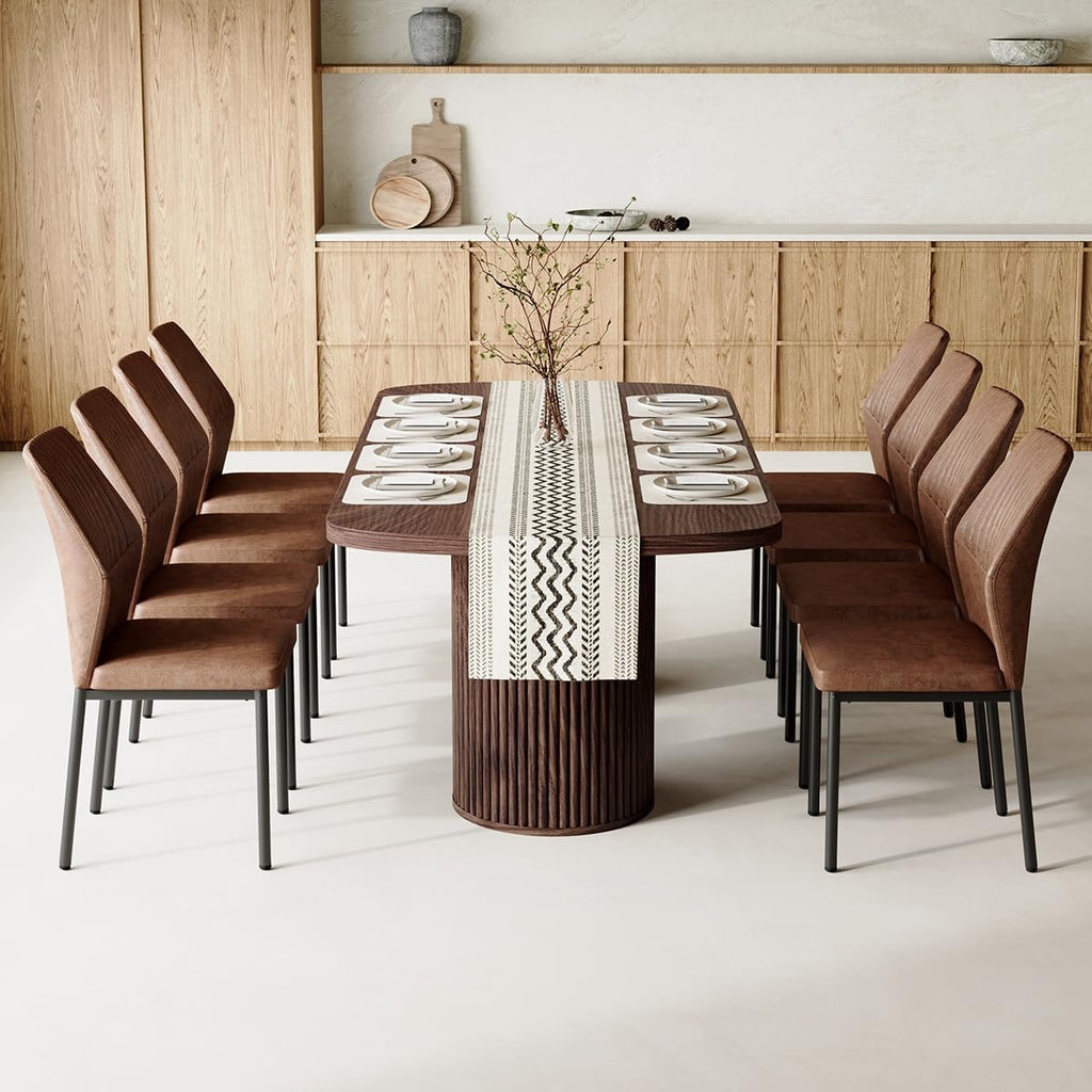 79" Walnut Mid-Century Dining Table Set for 8 | Modern Rectangular Table with Cushioned Chairs