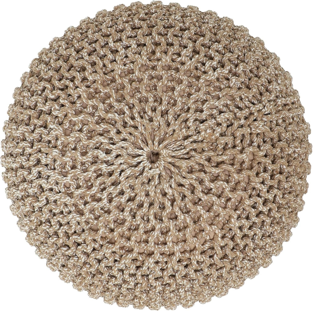 REDEARTH Hand-Knitted Cotton Pouf Ottoman | Round Cable Knit Pouffe – Beige Ivory