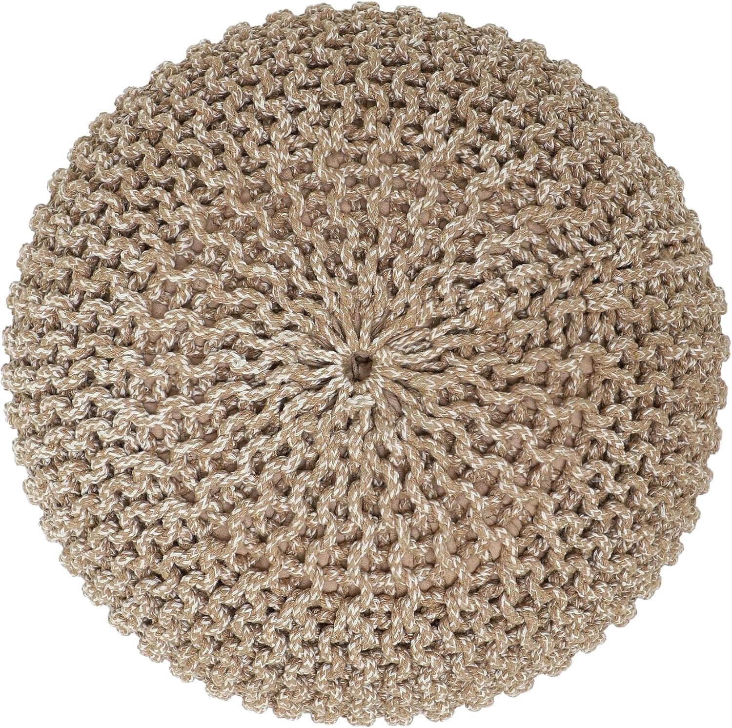 REDEARTH Hand-Knitted Cotton Pouf Ottoman | Round Cable Knit Pouffe – Beige Ivory