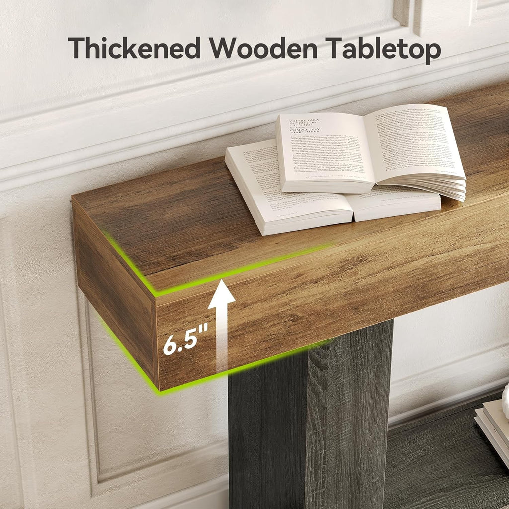 LITTLE TREE 63” Farmhouse Console Table | 2-Tier Wooden Sofa Table for Entryway & Living Room (Rustic Brown & Grey)