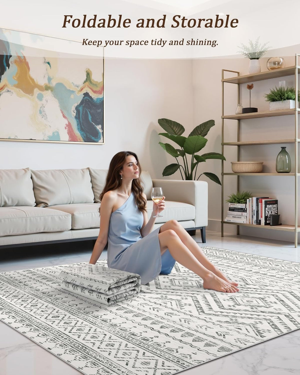 8x10 Moroccan Washable Area Rug | Non-Slip Low Pile Soft Indoor Carpet (Grey)