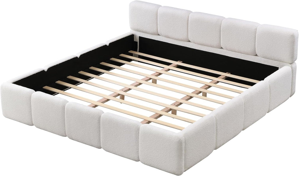 Merax California King Bouclé Platform Bed White | Upholstered Block Style Floor Bed Frame with Headboard & Footboard