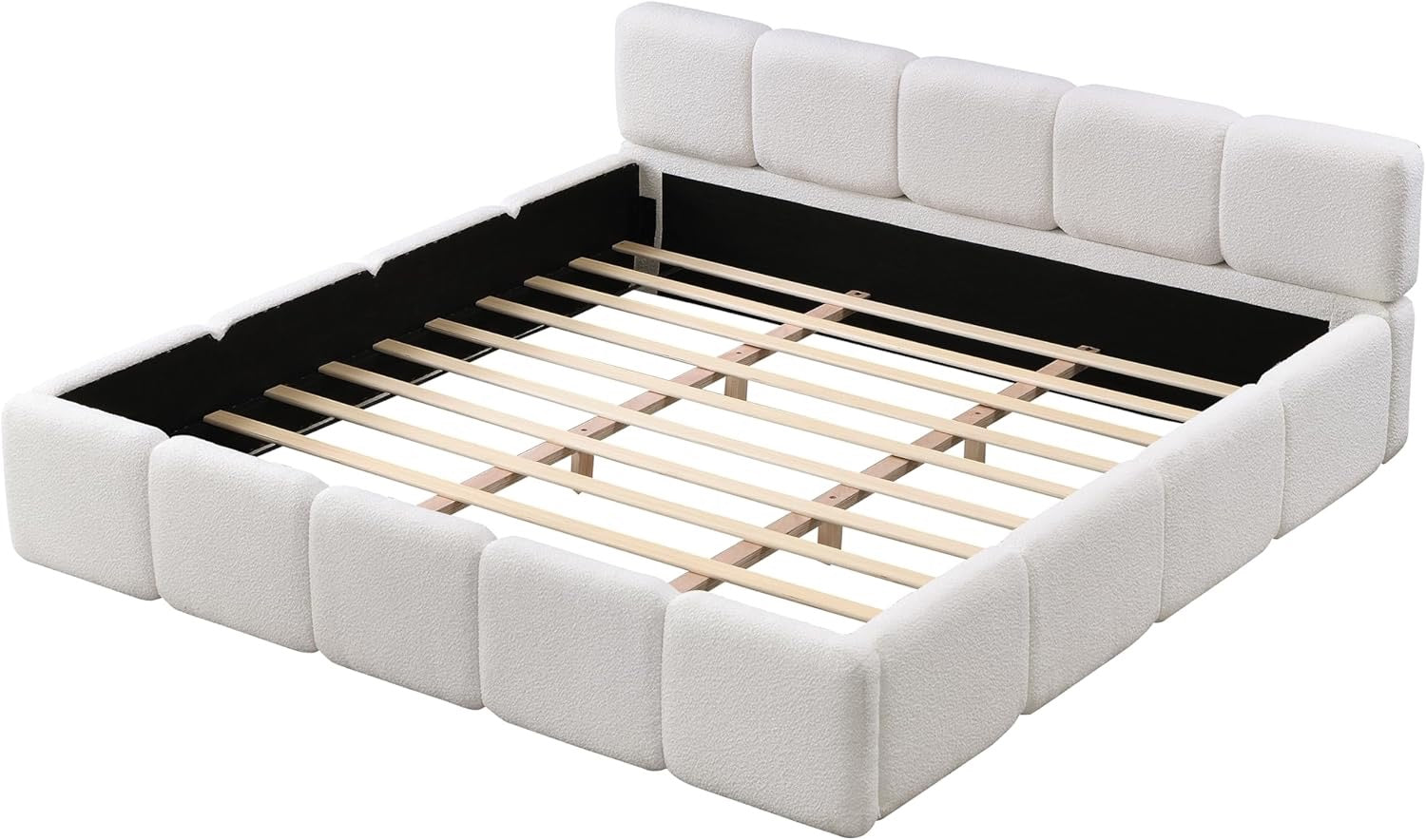 Merax California King Bouclé Platform Bed White | Upholstered Block Style Floor Bed Frame with Headboard & Footboard