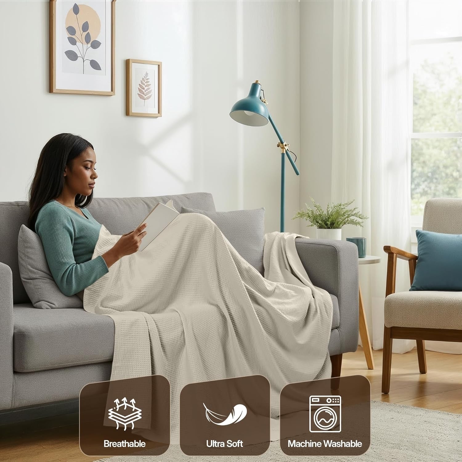 Utopia Bedding Waffle Weave Blanket – Queen Size | Lightweight Breathable Cotton Blend Throw (Khaki)