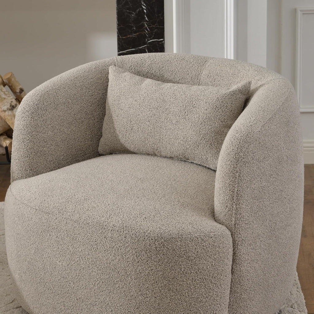 KINWELL 34” Bouclé Swivel Barrel Chairs Set of 2 | Upholstered Taupe Accent Armchairs with Toss Pillow