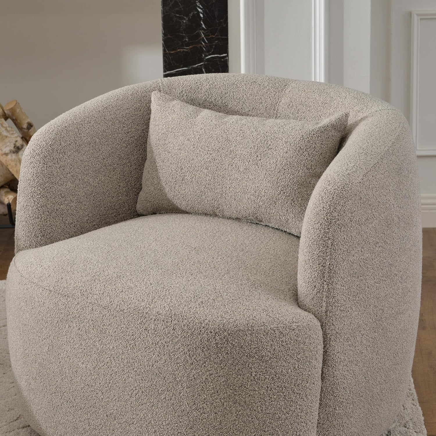 KINWELL 34” Bouclé Swivel Barrel Chairs Set of 2 | Upholstered Taupe Accent Armchairs with Toss Pillow