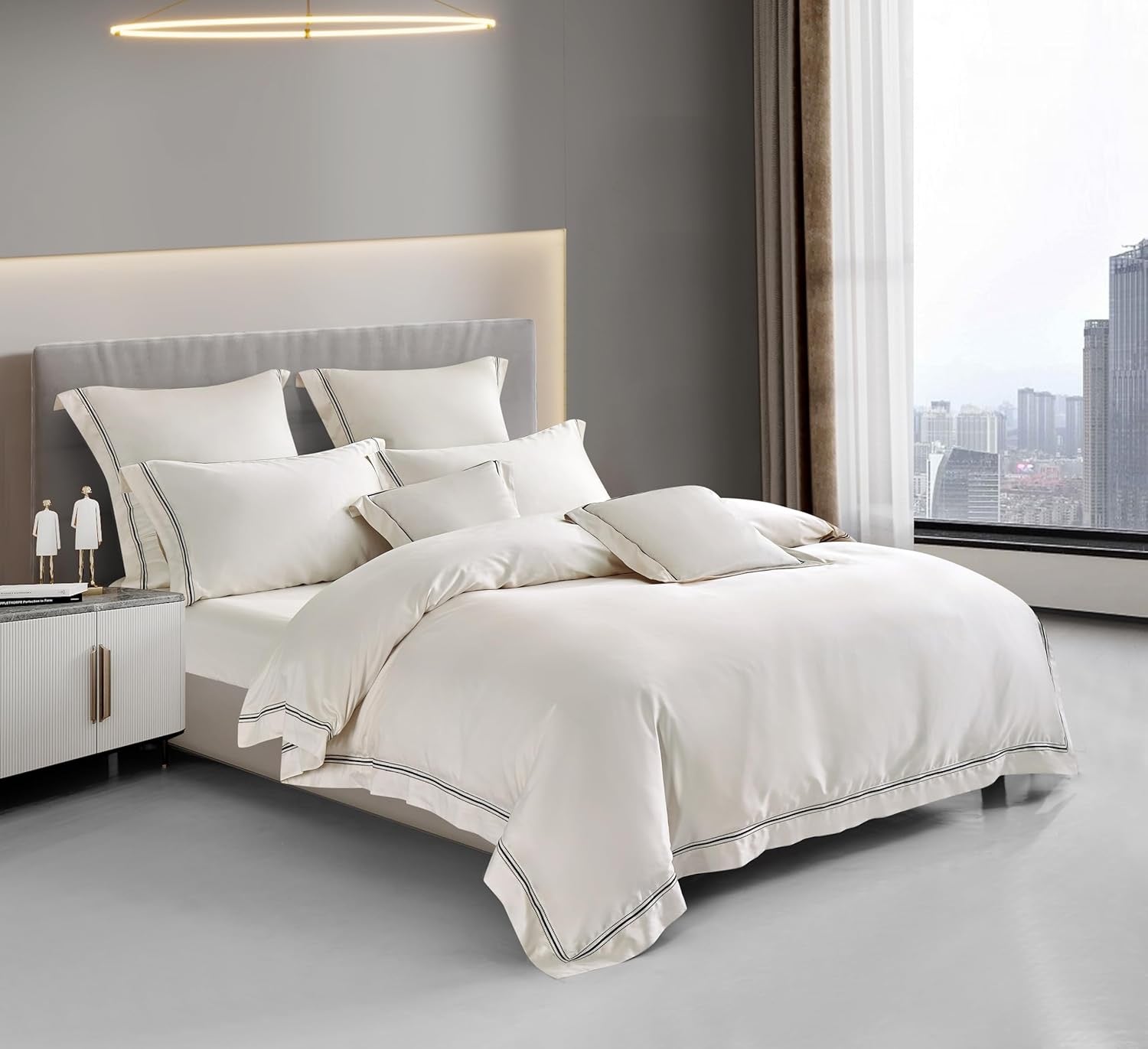 Egyptian Cotton Champagne Lace Duvet Cover Set – Queen | Luxury Wedding Collection Bedding (3-Piece)