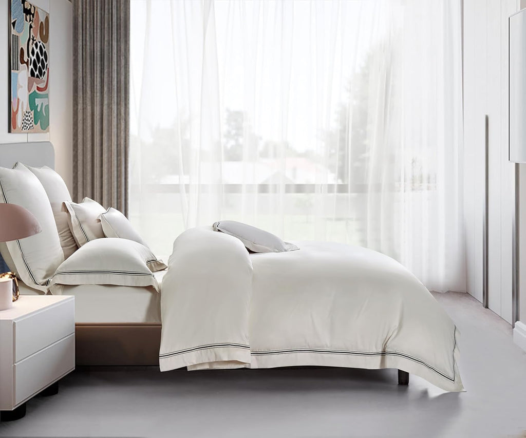 Egyptian Cotton Champagne Lace Duvet Cover Set – Queen | Luxury Wedding Collection Bedding (3-Piece)