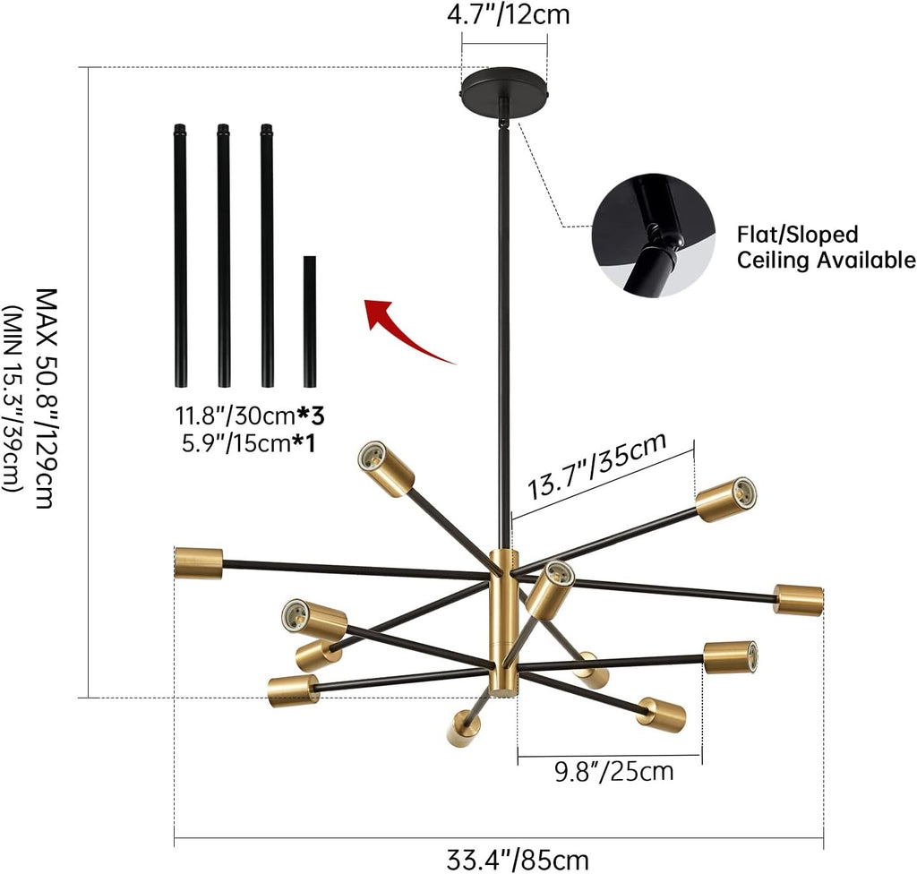 Modern 12-Light Sputnik Chandelier | Gold & Black Adjustable Farmhouse Pendant Light