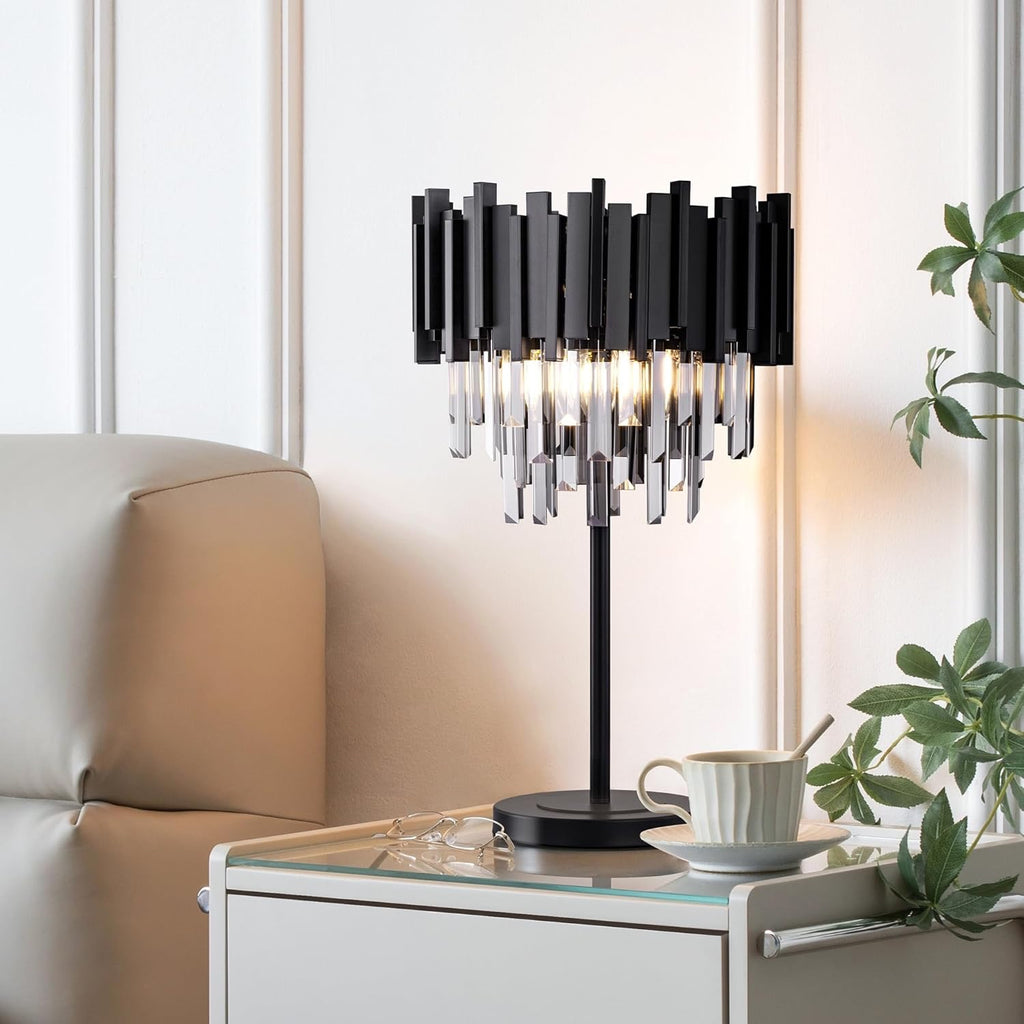 Wellmet Grey Crystal Table Lamp | 3-Light Decorative Bedside Lamp with Black Base