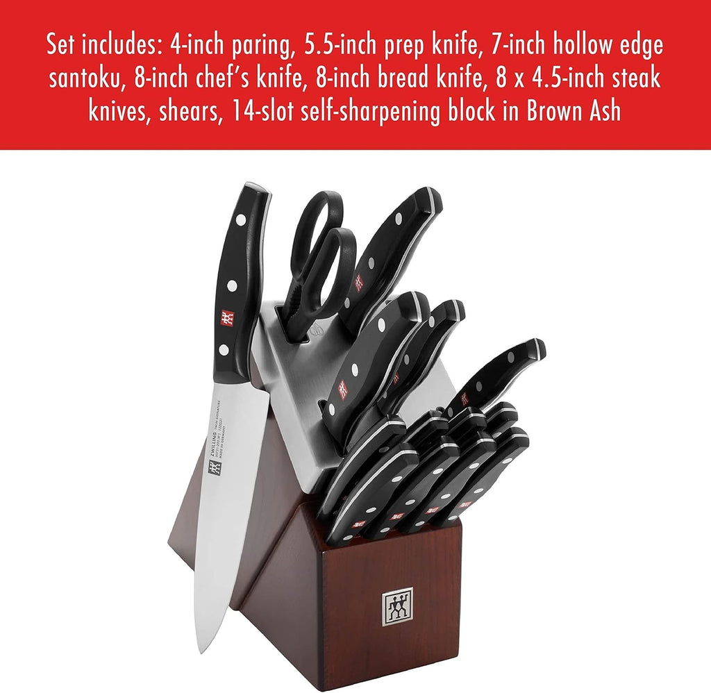ZWILLING TWIN Signature 15 Piece Self Sharpening Knife Block Set Brown | German Stainless Steel Kitchen Knife Set