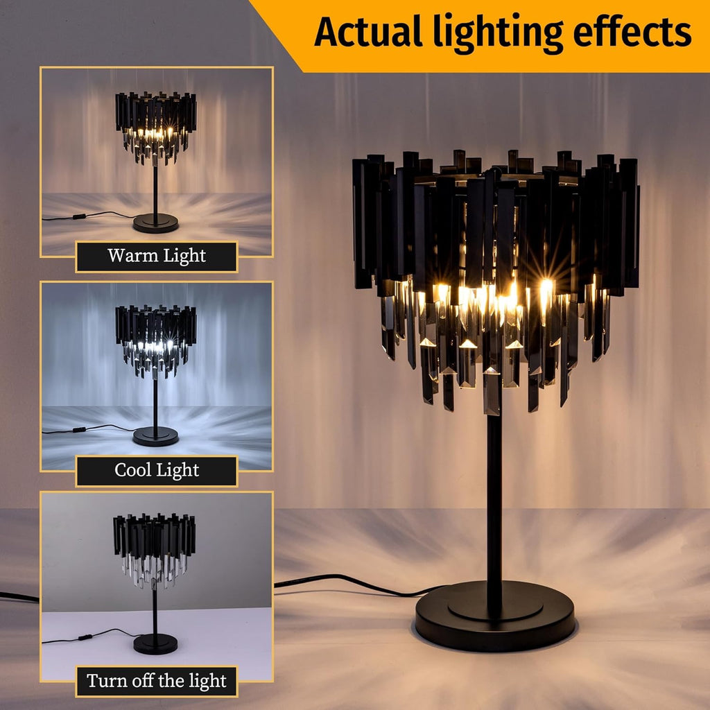 Wellmet Grey Crystal Table Lamp | 3-Light Decorative Bedside Lamp with Black Base