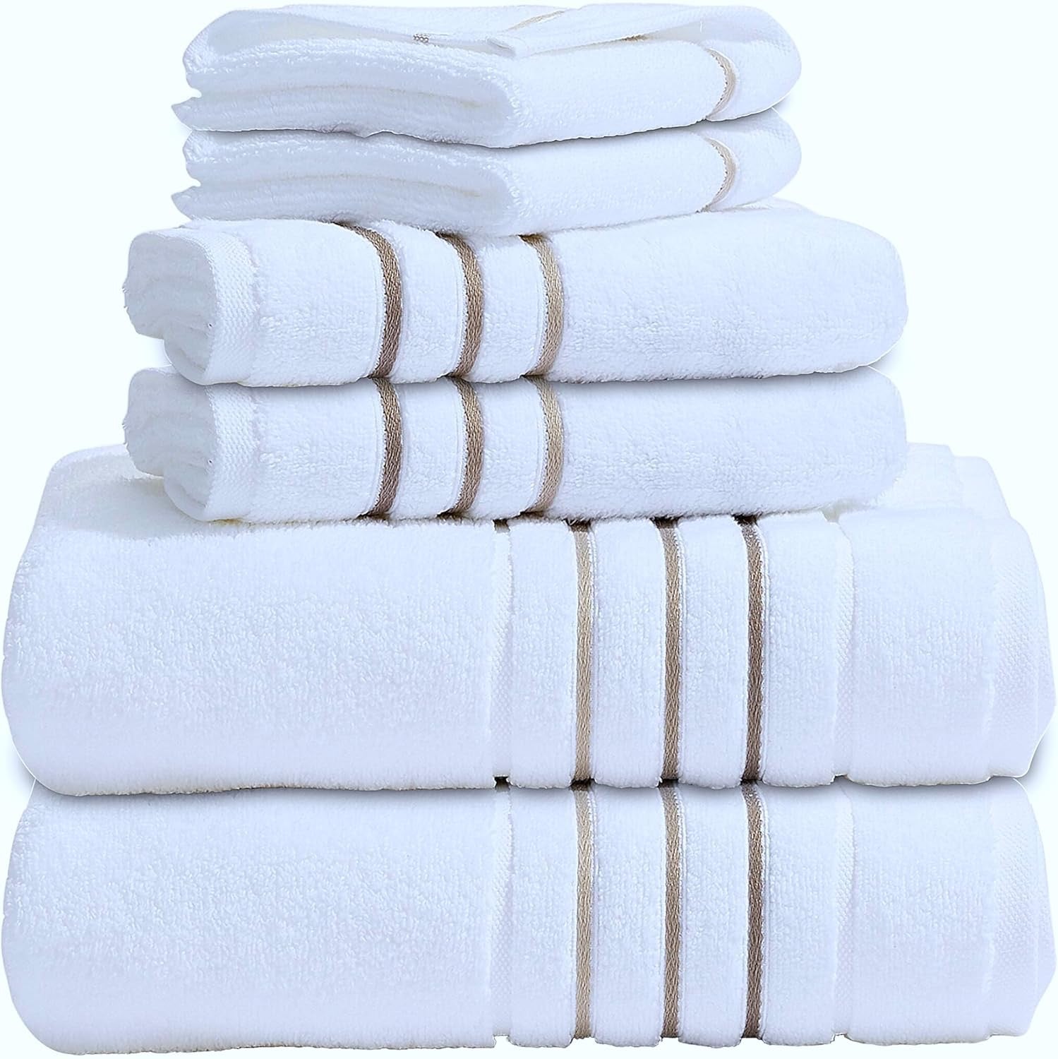 Luxury Hotel & Spa Cotton Bath Towel Set | 6-Piece White & Taupe Bathroom Linen Bundle