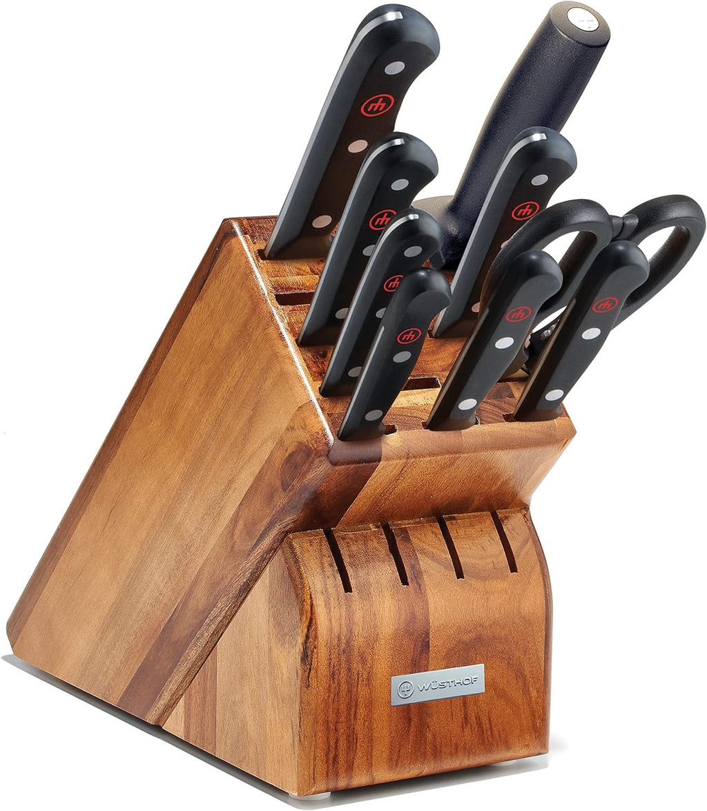 WÜSTHOF Gourmet 10 Piece Knife Block Set | German Stainless Steel Kitchen Knives with Acacia Wood Block