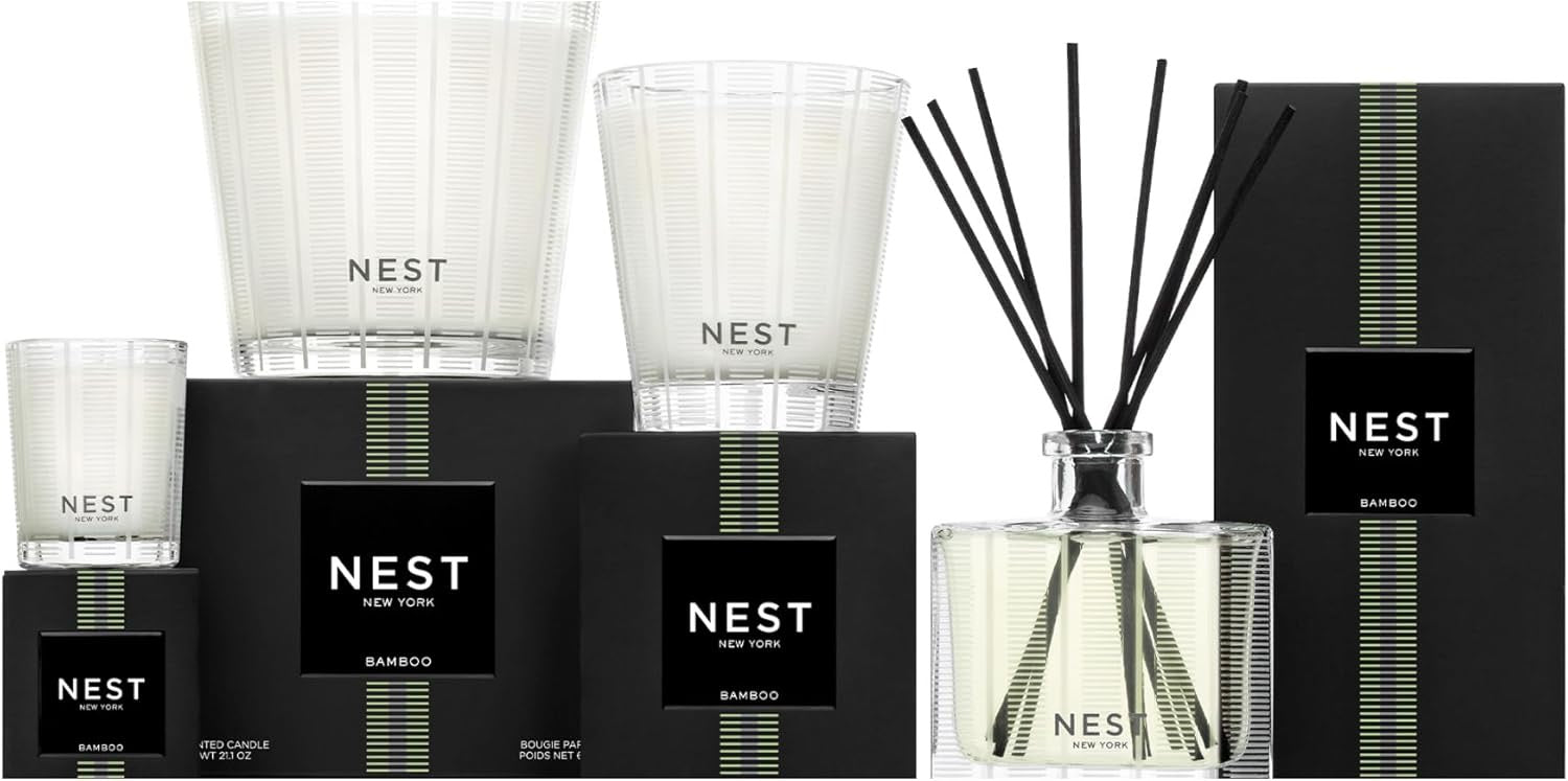 NEST New York Bamboo 3-Wick Candle | 21.2 oz Luxury Scented Candle with Reusable Glass Vessel