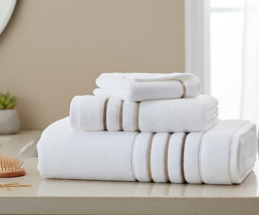 Luxury Hotel & Spa Cotton Bath Towel Set | 6-Piece White & Taupe Bathroom Linen Bundle