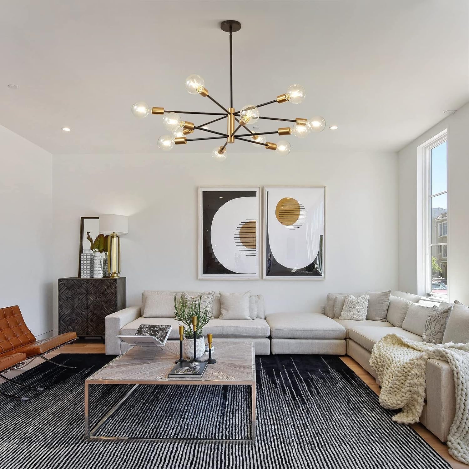 Modern 12-Light Sputnik Chandelier | Gold & Black Adjustable Farmhouse Pendant Light
