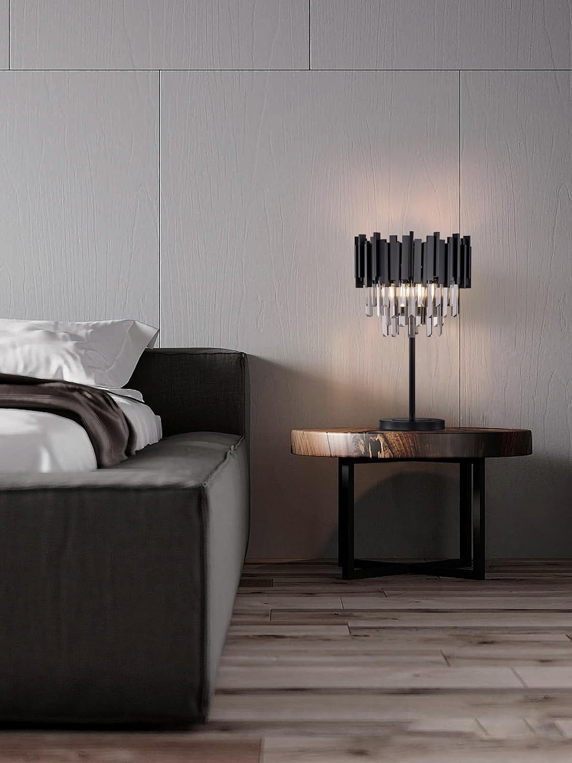 Wellmet Grey Crystal Table Lamp | 3-Light Decorative Bedside Lamp with Black Base