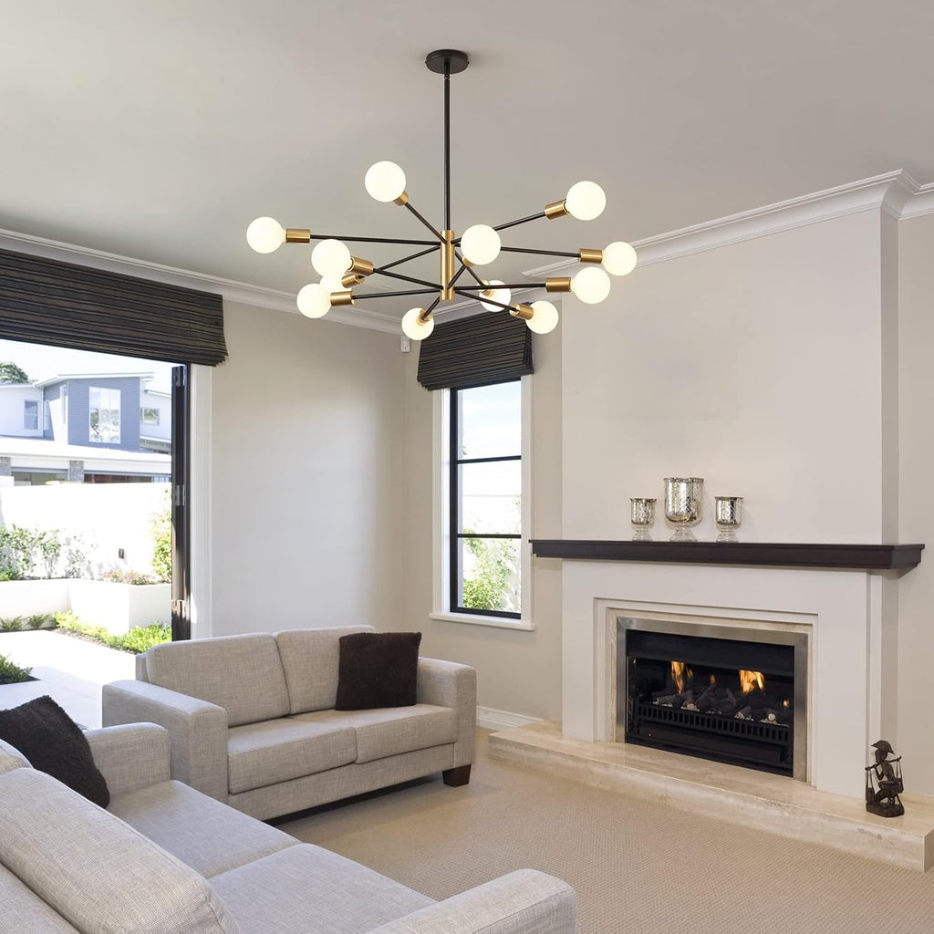 Modern 12-Light Sputnik Chandelier | Gold & Black Adjustable Farmhouse Pendant Light