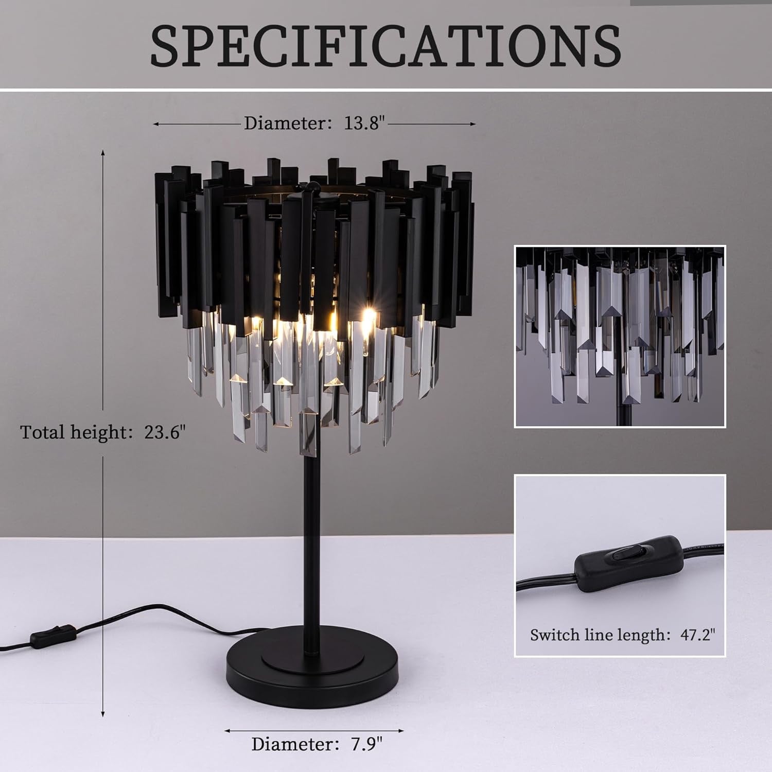 Wellmet Grey Crystal Table Lamp | 3-Light Decorative Bedside Lamp with Black Base