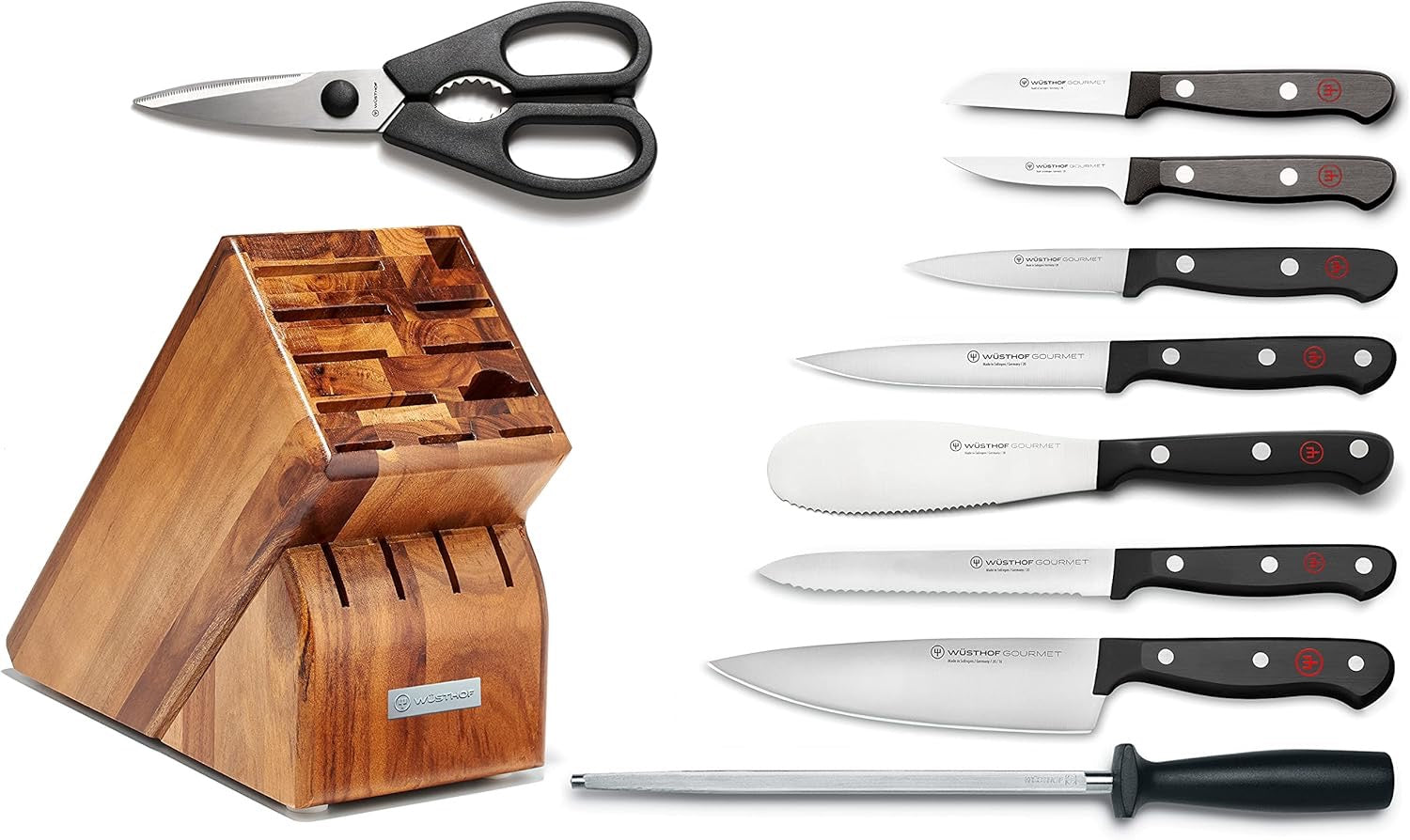 WÜSTHOF Gourmet 10 Piece Knife Block Set | German Stainless Steel Kitchen Knives with Acacia Wood Block