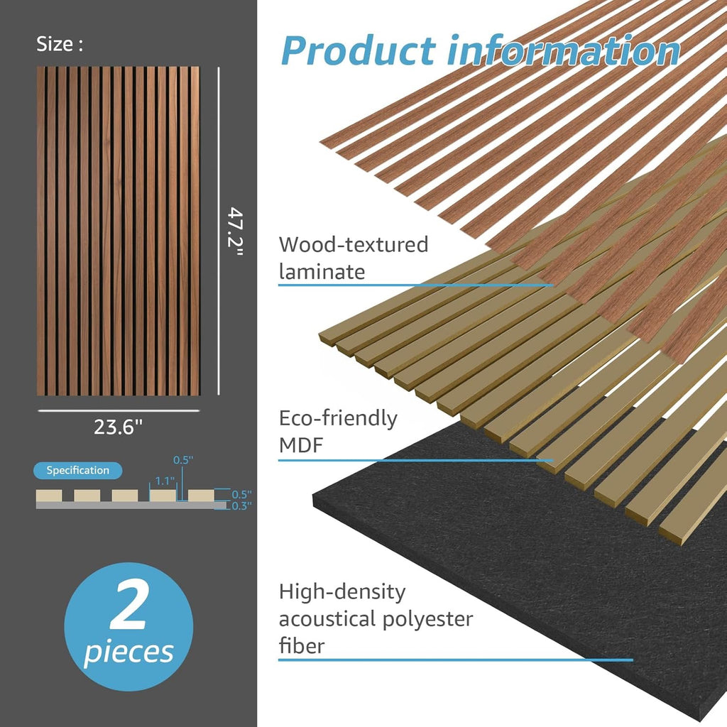 Art3d Wood Slat Acoustic Panels Set of 2 | 3D Fluted Walnut Sound Absorbing Wall & Ceiling Panels