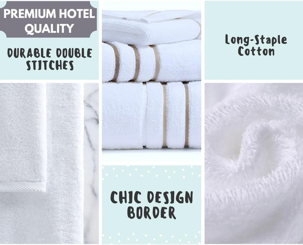 Luxury Hotel & Spa Cotton Bath Towel Set | 6-Piece White & Taupe Bathroom Linen Bundle