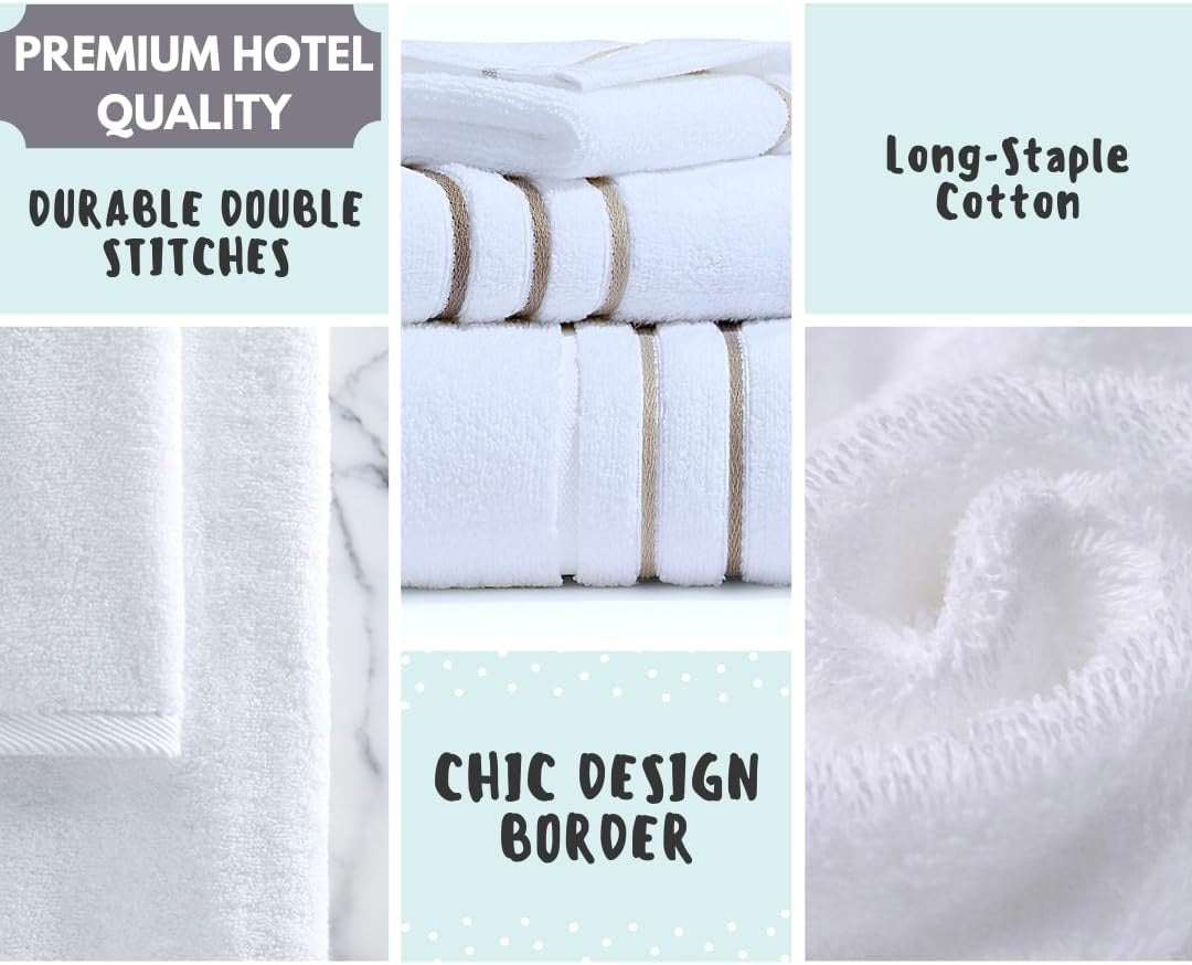 Luxury Hotel & Spa Cotton Bath Towel Set | 6-Piece White & Taupe Bathroom Linen Bundle