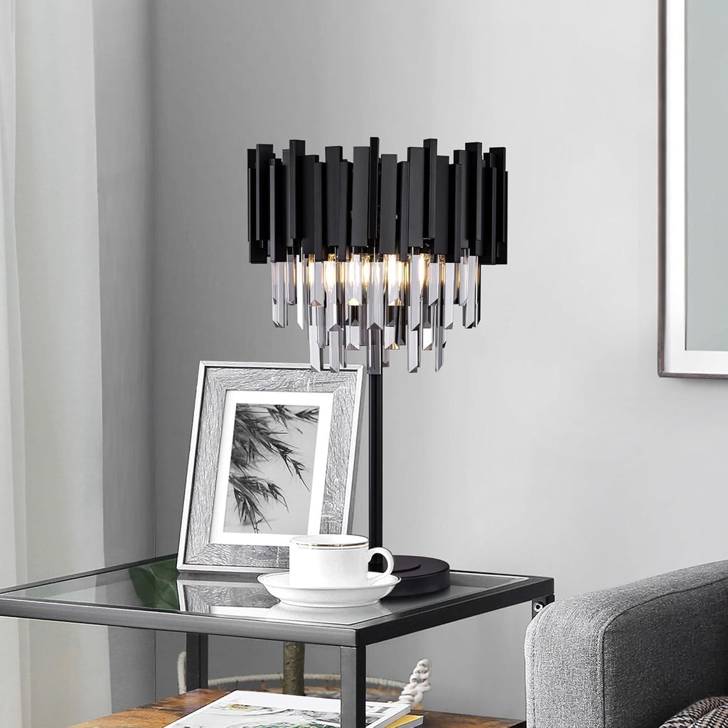 Wellmet Grey Crystal Table Lamp | 3-Light Decorative Bedside Lamp with Black Base