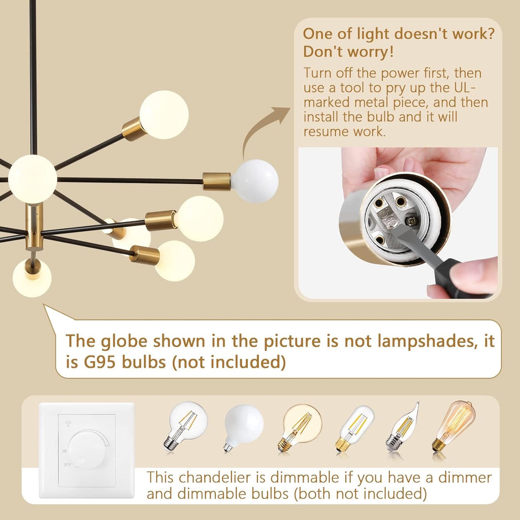 Modern 12-Light Sputnik Chandelier | Gold & Black Adjustable Farmhouse Pendant Light