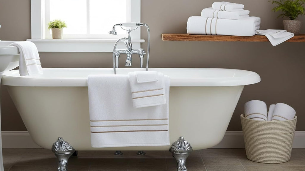Luxury Hotel & Spa Cotton Bath Towel Set | 6-Piece White & Taupe Bathroom Linen Bundle