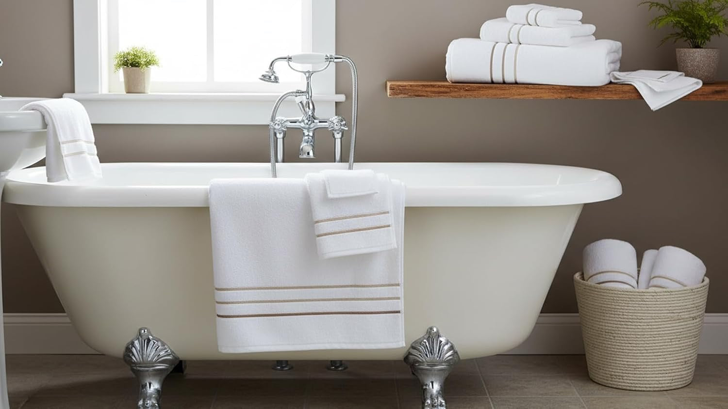 Luxury Hotel & Spa Cotton Bath Towel Set | 6-Piece White & Taupe Bathroom Linen Bundle