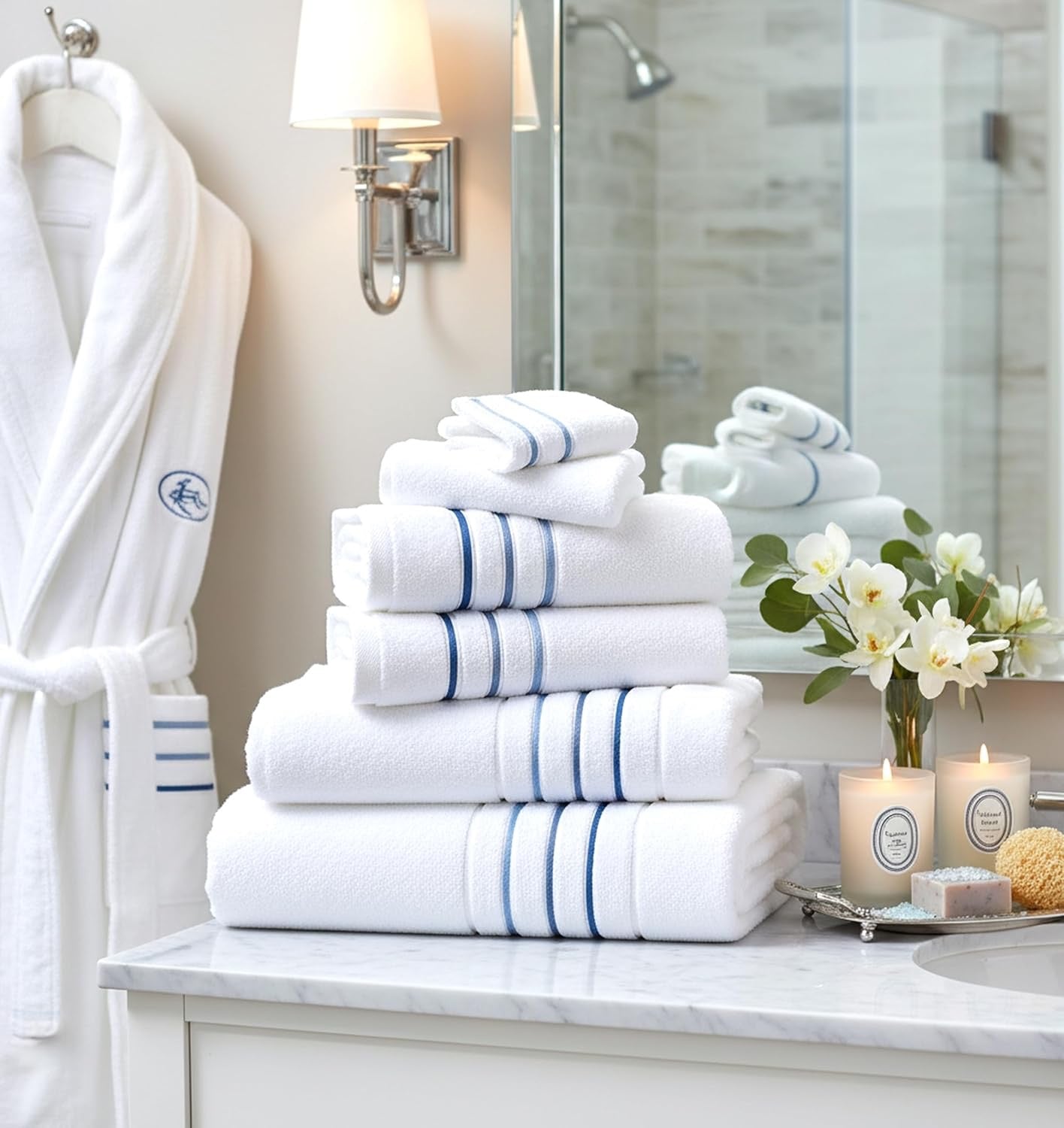 Luxury Hotel & Spa Cotton Bath Towel Set | 6-Piece White & Taupe Bathroom Linen Bundle