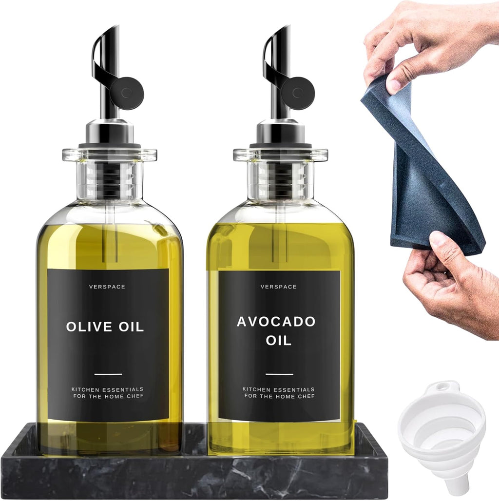 Clear Glass Olive Oil Dispenser Bottles Set of 2 | Kitchen Oil Vinegar Dispenser with Silicone Tray 40 Labels Black