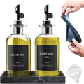 Clear Glass Olive Oil Dispenser Bottles Set of 2 | Kitchen Oil Vinegar Dispenser with Silicone Tray 40 Labels Black