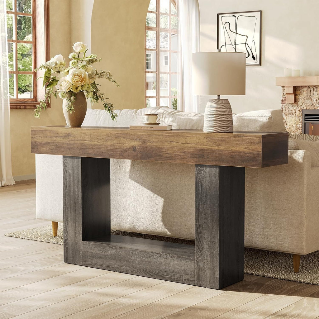 LITTLE TREE 63” Farmhouse Console Table | 2-Tier Wooden Sofa Table for Entryway & Living Room (Rustic Brown & Grey)