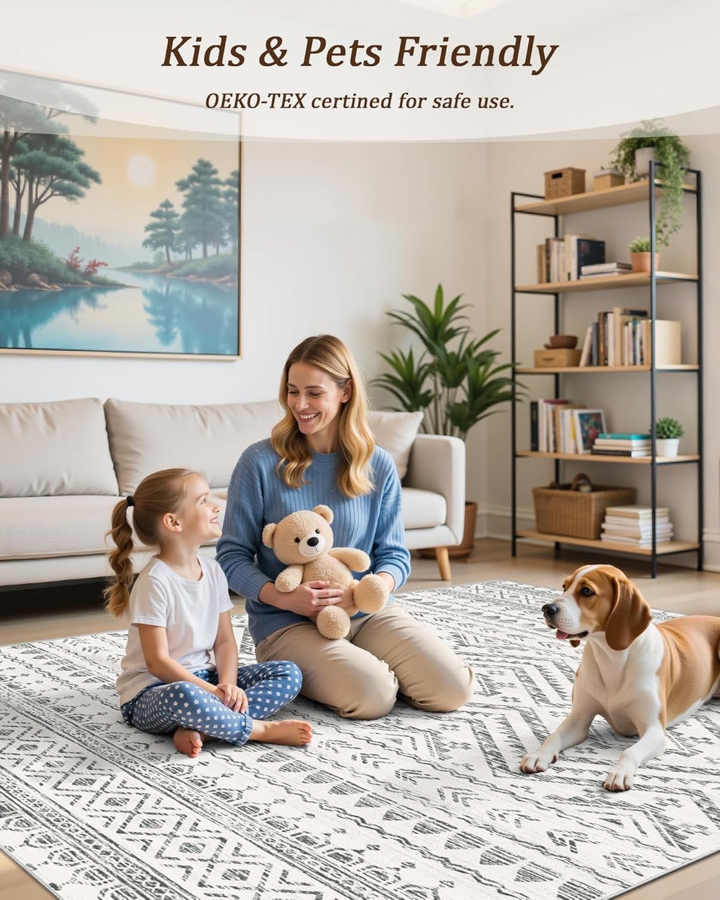 8x10 Moroccan Washable Area Rug | Non-Slip Low Pile Soft Indoor Carpet (Grey)