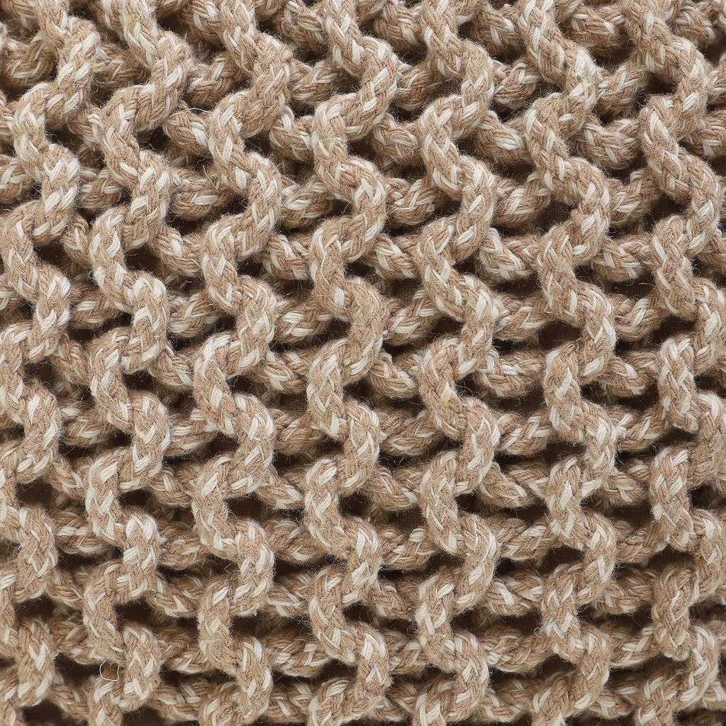 REDEARTH Hand-Knitted Cotton Pouf Ottoman | Round Cable Knit Pouffe – Beige Ivory