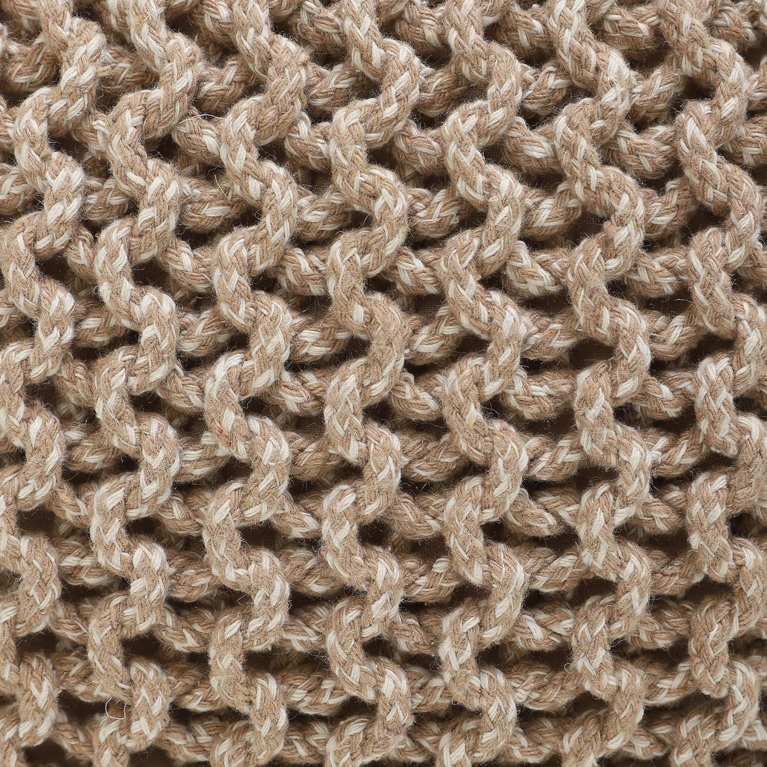 REDEARTH Hand-Knitted Cotton Pouf Ottoman | Round Cable Knit Pouffe – Beige Ivory