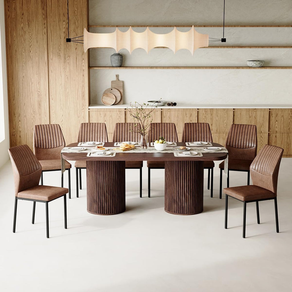 79" Walnut Mid-Century Dining Table Set for 8 | Modern Rectangular Table with Cushioned Chairs