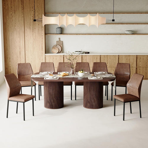 79" Walnut Mid-Century Dining Table Set for 8 | Modern Rectangular Table with Cushioned Chairs