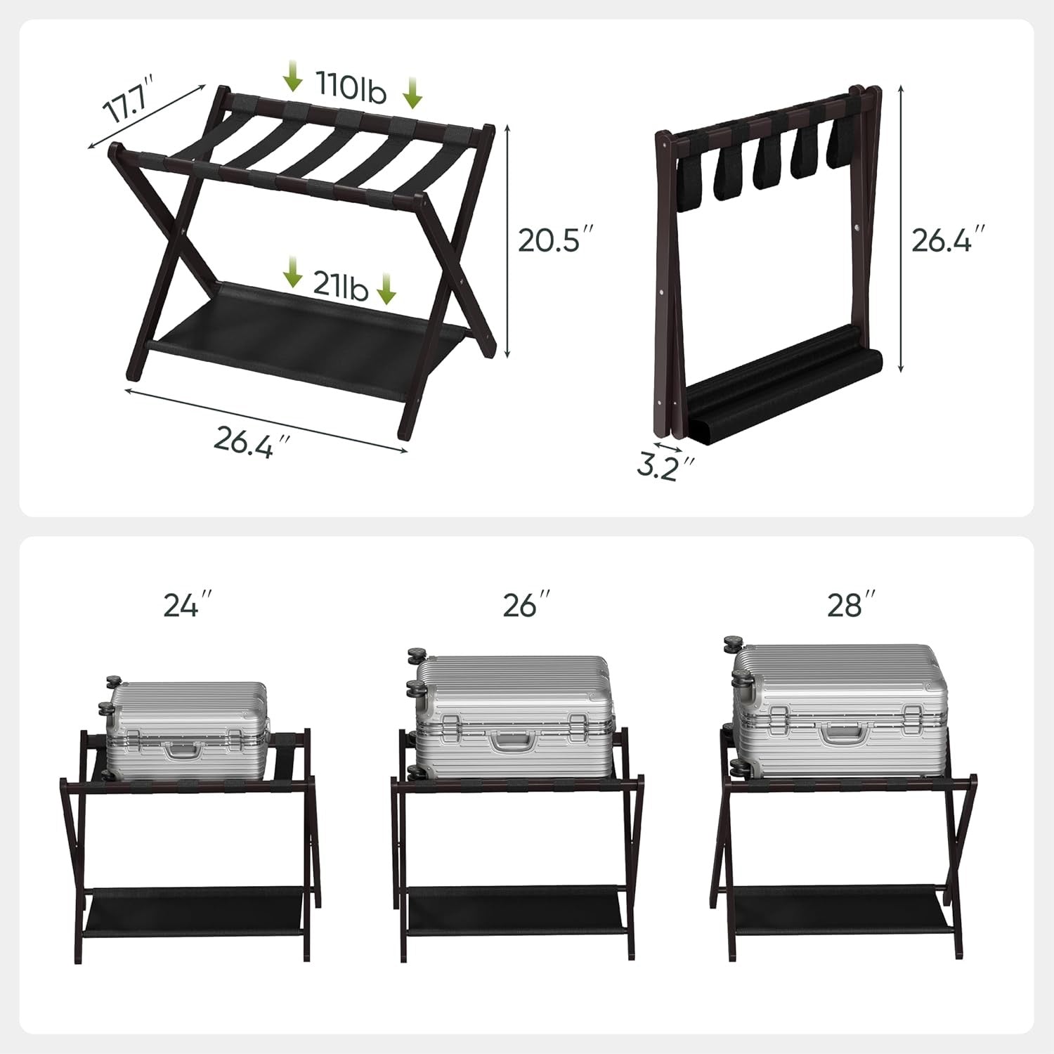 2-Pack Bamboo Folding Luggage Rack with Storage Shelf | Heavy-Duty 131 lb Capacity Suitcase Stand (Hotel-Style Guest Room Essential)