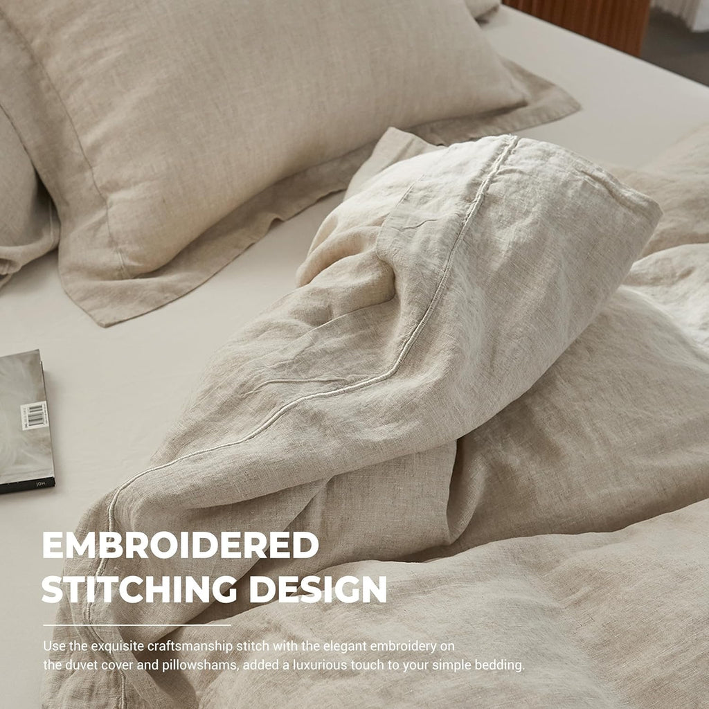 Simple&Opulence Washed Linen Duvet Cover Set | Natural Linen King 3-Piece Embroidered Bedding