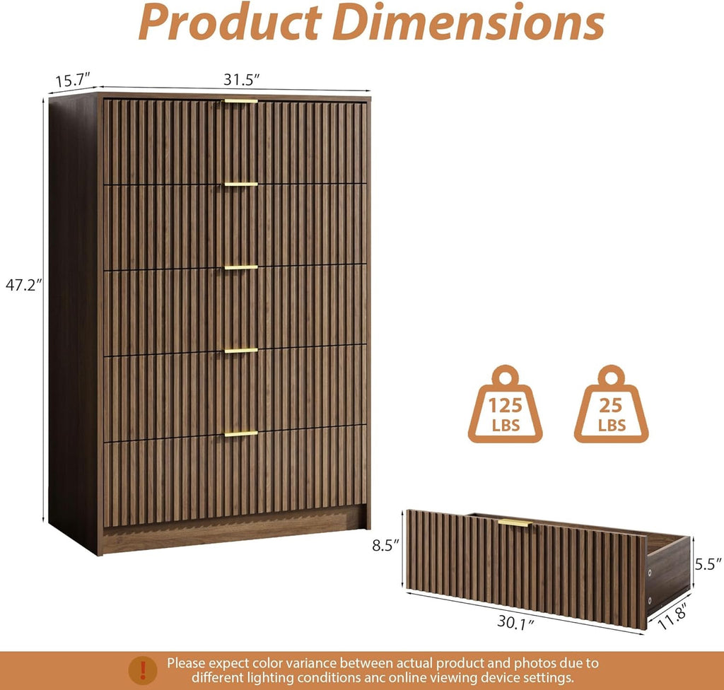 MAISONARIA Walnut 3-Piece Living Room Set | 5 Drawer Dresser + 2 Nightstands | Hidden Handle Modern Storage