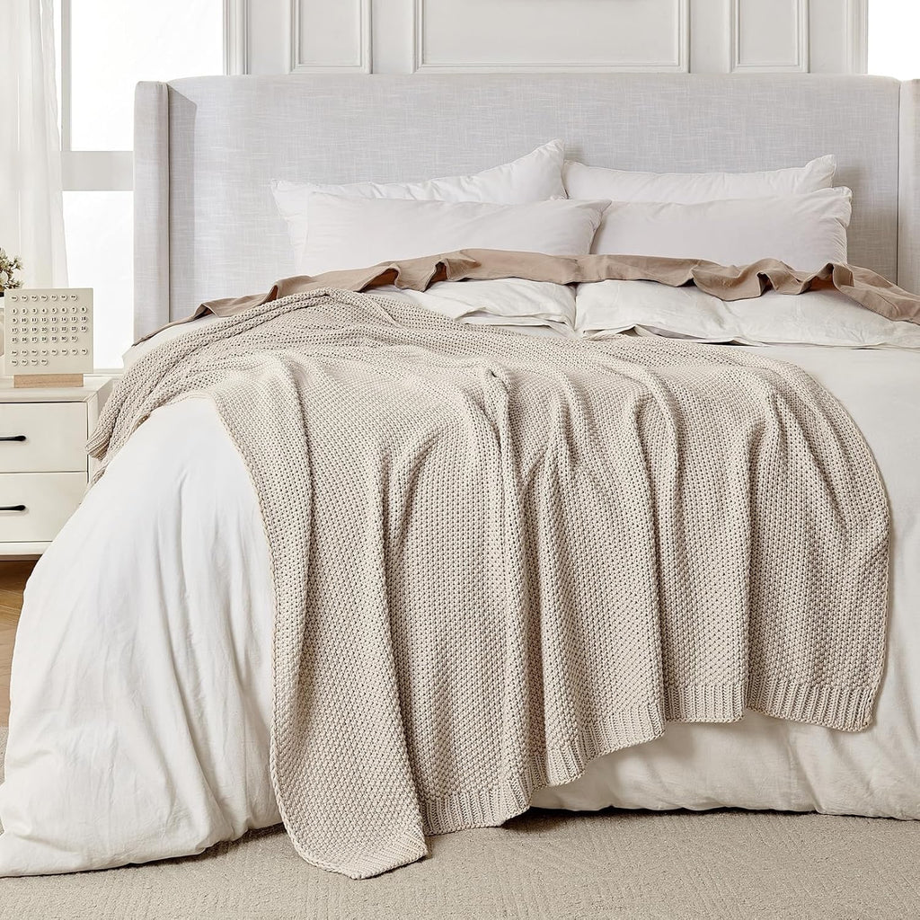 Joydeco Chunky Cable Knit Throw Blanket | Organic Cotton Cozy Knit Blanket (Beige, 51” x 63”)