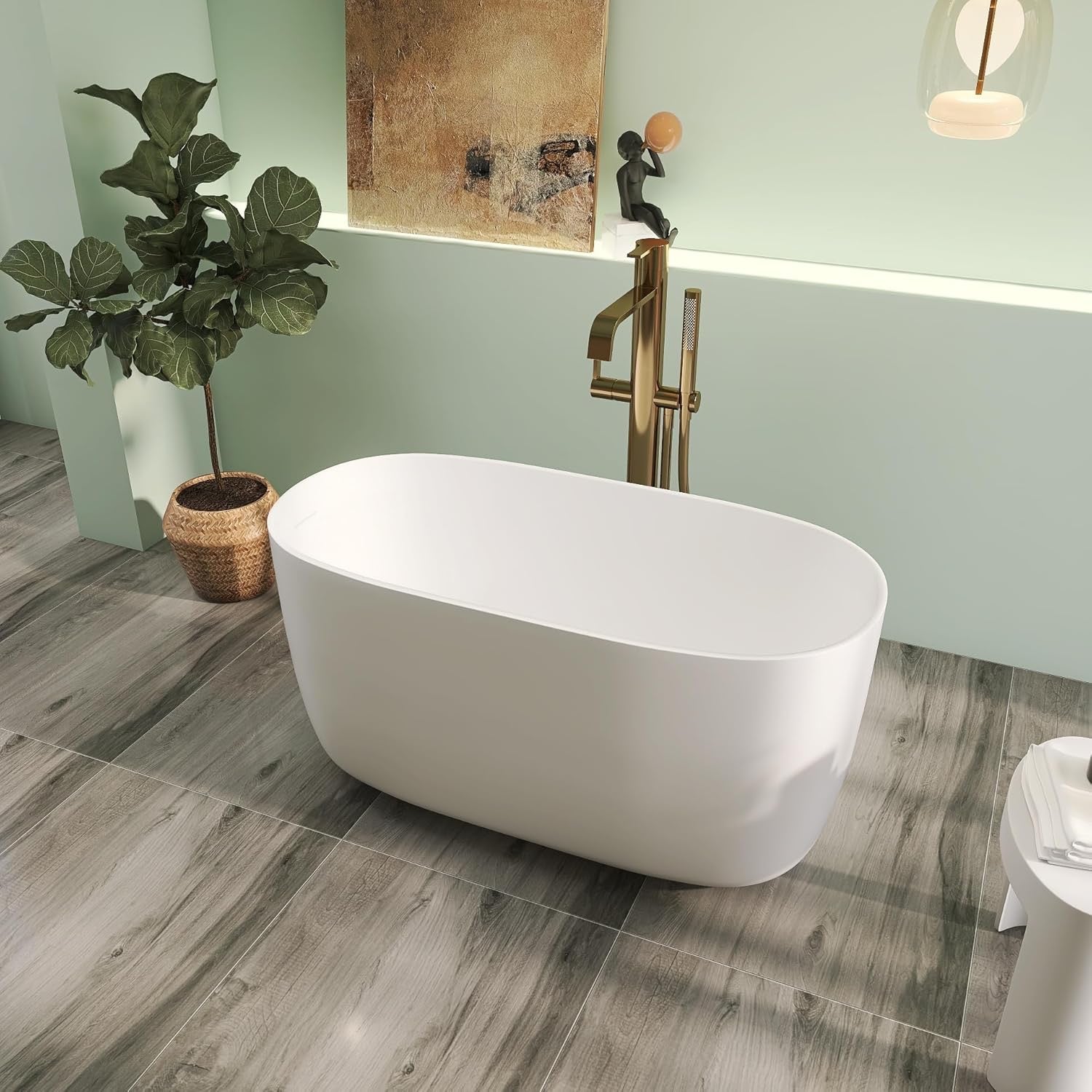 47-Inch Solid Surface Freestanding Bathtub – Matte White Stone Resin Oval Soaking Tub